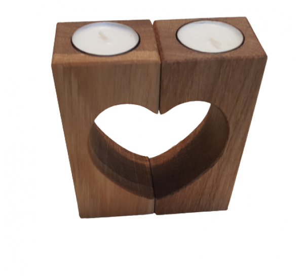 Teelichthalter aus Eichenholz – Duo Herz – geölt – inklusiv Teelichter